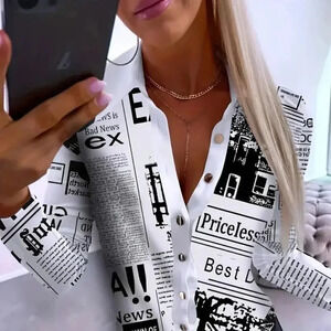 Lapel Collar Alphabets Print Button Front Shirt (Color: White)